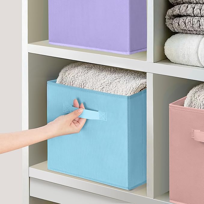 Easi 11 inch Cube Storage Bins, 3 Storage Cube Organizer, Collapsible Fabric storage cubes with Handles, Closet Storage Basket For Organization, Shelf Basket For Shelves Clothes Books, Multi
