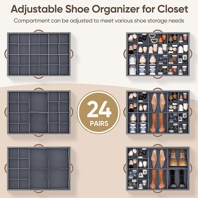 Shoe Organizer for Closet, 2 Pack Shoe Storage Containers with Adjustable Dividers, Space Saving Shoe Box Storage Organizers Bins with Clear Lid & 4 Handles, Fits 24-48 Pairs, Beige & Grey