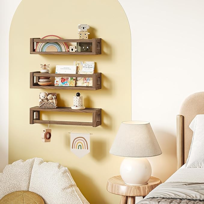 Upgraded Thick Floating Shelves, Solid Wood Bookshelf for Wall, Floating Book Shelves Use as Wall Shelves for Bedroom, Kids Room, Nursery, Books, Spice Rack & Decor – Dark Walnut Brown