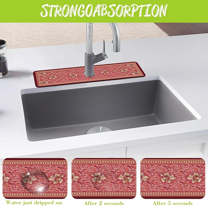 Sink Splash Guard Faucet Mat Bohemian Rug Flower Absorbent Fast Drying Mat Sink Gadgets Splash Guard Behind Faucet Drip Catcher for Kitchen Bathroom 23.5"X5.5"