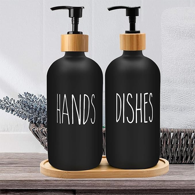 16 OZ Thick Black Glass Soap Dispenser, Bamboo Pump with Tray 2 Pack, Hand and Dish Soap Dispenser Set for Bathroom with 6 Waterproof Labels