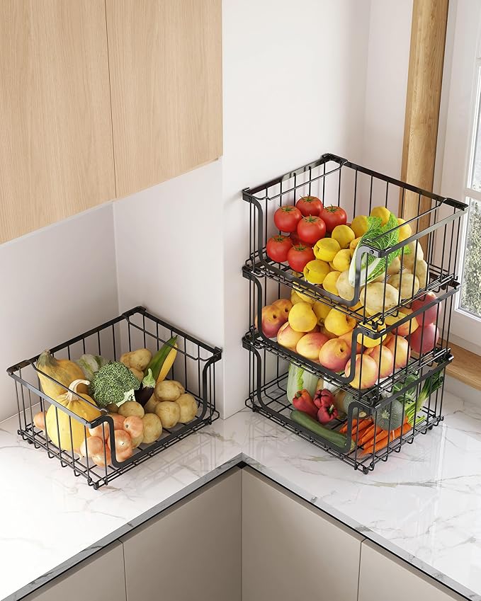 UMDONX 4 Pack Stackable Wire Baskets Storage Bins for Fruits, Vegetables, Potatoes & Onions | Pantry, Countertop, Laundry Organizer | Heavy Duty & Space Saving Black