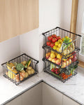 UMDONX 4 Pack Stackable Wire Baskets Storage Bins for Fruits, Vegetables, Potatoes & Onions | Pantry, Countertop, Laundry Organizer | Heavy Duty & Space Saving Black