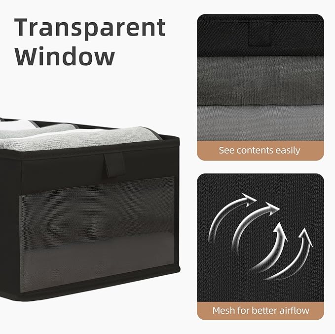 STORAGE MANIAC 4 Pack Storage Bins with Clear Window, Storage Boxes for Shelves, Sturdy Foldable Closet Organization Fabric Shelf Basket for Toy, Towel, Book, Jeans, Offices, Dorm, Wardrobe, Black