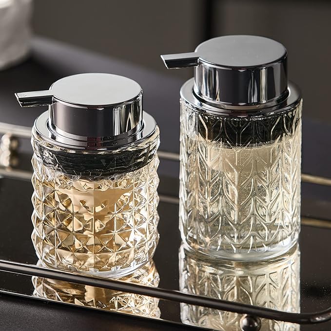 Foaming Soap Dispenser 2 Pack, Foam Hand Soap Dispenser for Bathroom Kitchen Liquid Refillable Clear Glass Bottles with Silver Pump(Diamond Pattern-Clear)