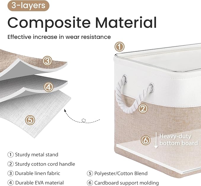 Large Storage Baskets- 15x11x10 inch Storage Bins for Shelves and Closet Organizing, Foldable Fabric Bin for Home Organization Clothes and Laundry (1-Pack, White&Khaki)