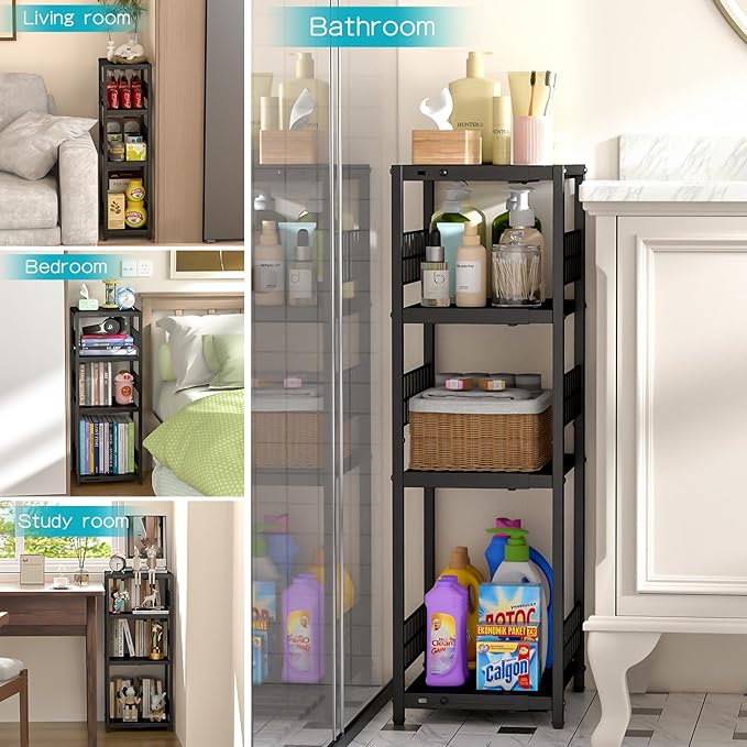 Expandable Slim Storage Shelf, 4 Tier Metal Shelving Unit for Bathroom Storage Organizer, Freestanding Narrow Shelf for Small Spaces, Open Floor Shelves for Bathroom, Laundry Room, Kitchen