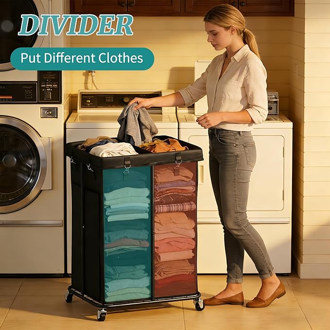 Laundry Hamper with Wheels, Rolling Laundry Basket with Metal Frame and Removable Bag, Double Laundry Hamper 2 Section, Large & Tall Dirty Clothes Hampers for Bedroom Aesthetic, Laundry Room, Bathroom