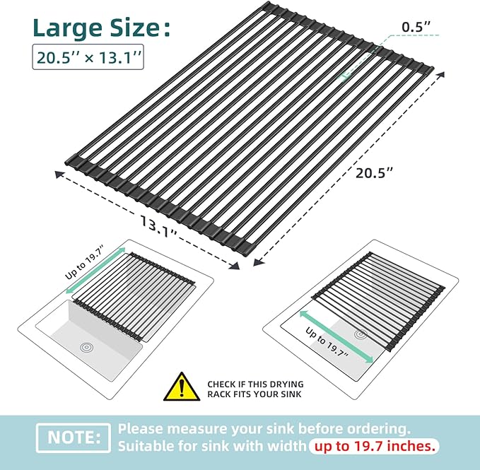 Ohuhu Over The Sink Dish Drying Rack, 20.5" W x 13.1" L Rolling Dish Drainer Foldable Sink Accessories Heat-Resistant Mat Anti-Slip Silicone Coated Dish Racks for Kitchen Counter