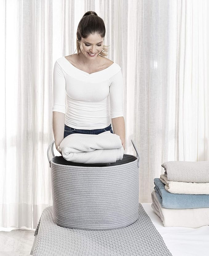 OrganiHaus Large Woven Storage Basket for Blankets and Toys 20" x 13" Inch, Rope Laundry Basket with Handles, Cushions & Pillows Storage Bin, Nursery Hamper, Soft Round Dog Toy Bin - Gray