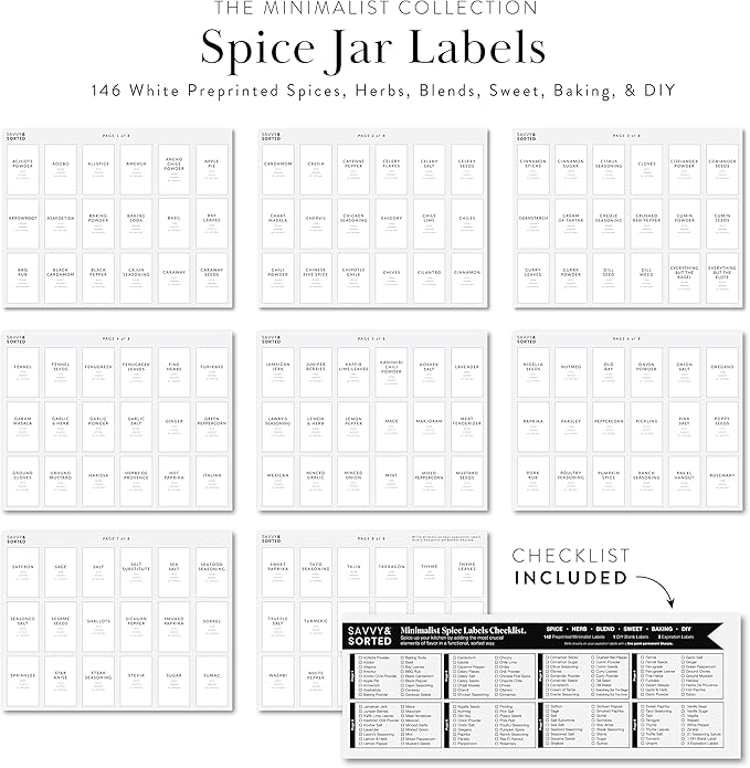 Minimalist Spice Labels for Spice Jars - 146 Spice Jar Labels Stickers for Containers, Waterproof Spice Stickers Preprinted - Spice Organising Herb Seasoning Kitchen Pantry Organization