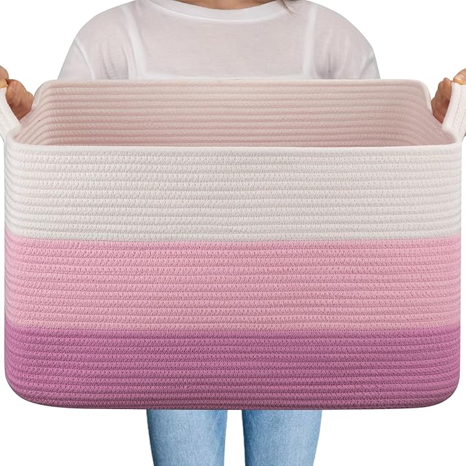 OIAHOMY Large Storage Basket, Cotton Rope Woven Blanket Basket, Toy Bin for Baby Room, Container for Blanket Storage in Living Room, 20''×16''×12'', Gradient Pink