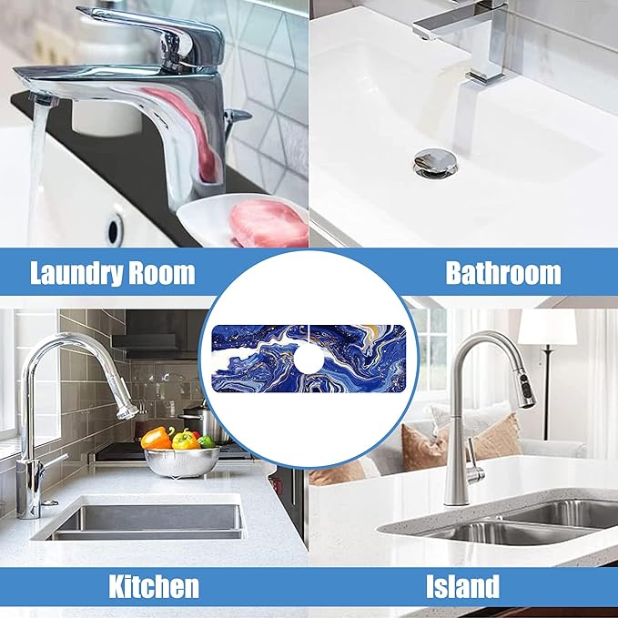 Sink Faucet Absorbing Mat Blue Gold Marble Sink Splash Guard Drying Mat for Kitchen Bathroom Faucet Sinkmat 15.5"X5.5"