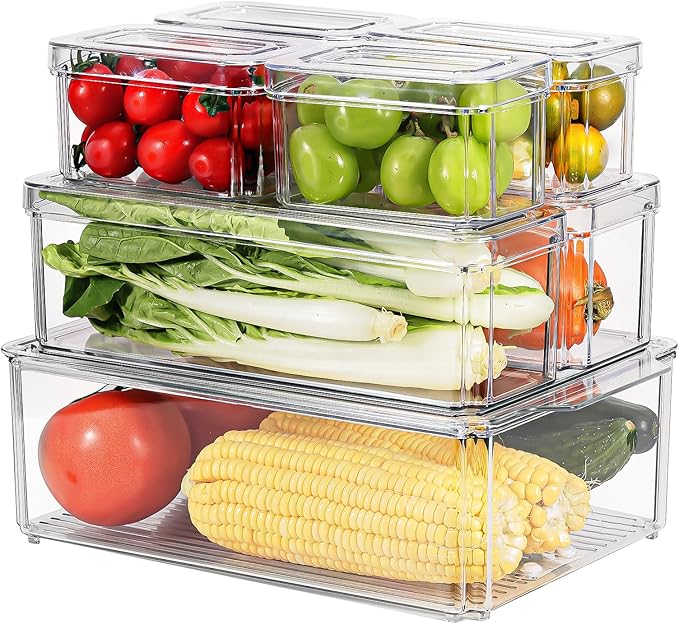 7 Pack Stackable Fridge Organizer Bins with Lids KitchenClear Acrylic Kitchen Refrigerator Organizers and Storage, Dripping Hole Design to Keep Food Fruit Vegetable Fresh for Freezer, Pantry