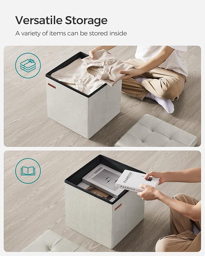 SONGMICS Small Storage Ottoman, Folding Ottoman Cube, 15 x 15 x 15 Inches, Footstool, Footrest, 11 Gal. (43 L), Velvet Surface, for Bedroom, Living Room, Dorm, Cream White ULSF227W01
