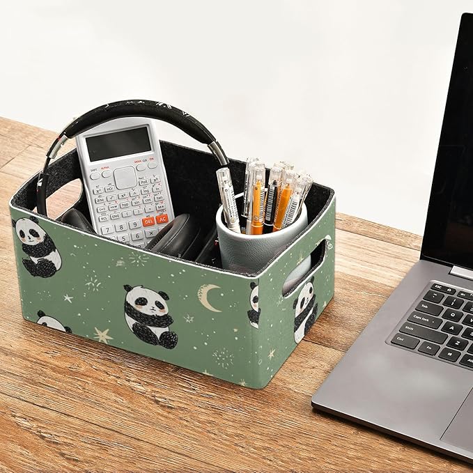 Sage Green Panda Rockets Closet Storage Bins 2 Pcs Felt Open Home Storage Containers Organizer with Handles Collapsible Shelf Basket for Home Office Craft Room Classroom Fabric