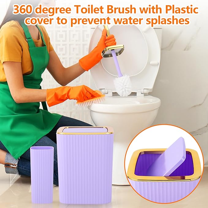 Bathroom Accessory Set,9 Pieces Purple Bathroom Accessories Set with Trash Can, Toothbrush Holder, Soap Dispenser, Toothbrush Cup, Vanity Tray, Soap Dish, Toilet Brush, Qtip Holder