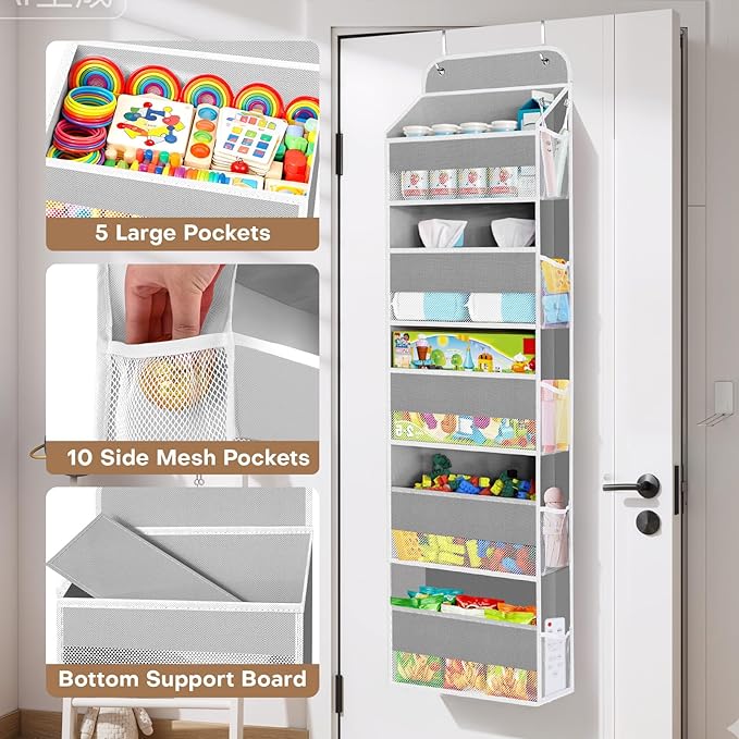 SpaceWhisper Over the Door Organizer, 5 Large Pocket Hanging Storage Organizer with 40lb Capacity, Space Saving for Nursery, Bathroom, Bedroom, Closet - Baby Essentials & Toiletry Organizer (Grey)