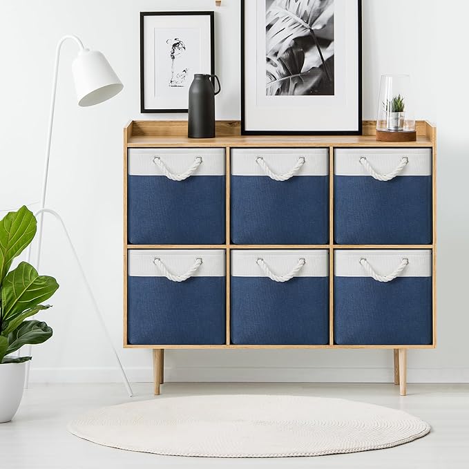 Posprica 11×11×11 Storage Cubes, Collapsible Storage Bins Organizer for Closet, Fabric Storage Box with Cotton Rope Handles, Decorative Storage Baskets for Shelves, Nursery, Toy, set of 6 - White/Blue