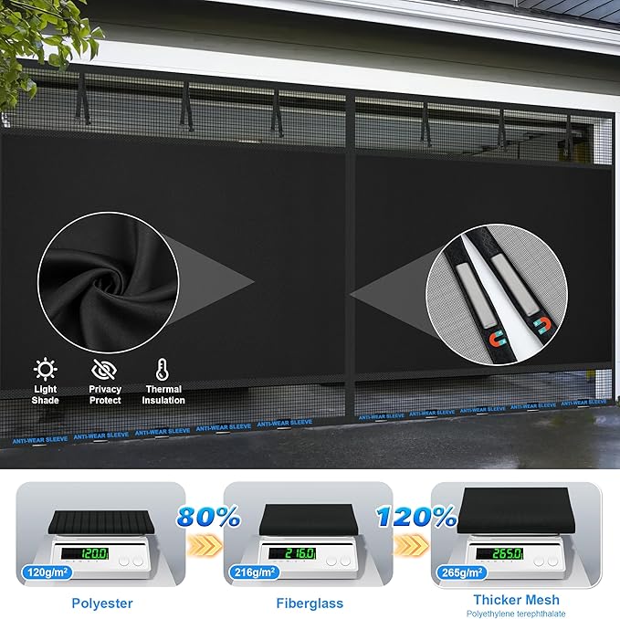 Privacy Garage Door Screen Blackout for 2 Car Garage-16x7FT Magnetic Garage Screen, 9.6LB Heavy Duty Thicker 265g/㎡ Mesh, Hands Free, Magnetic Privacy Garage Screen Door(Black, 16 * 7FT)