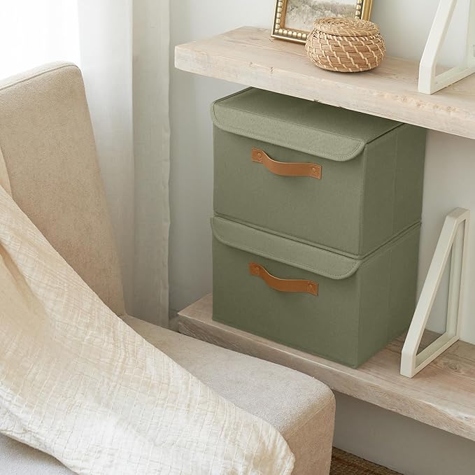 ZICOTO Decorative Linen Storage Boxes with Lids - Large Set of 2 Organizer Bins for Your Home Decor - The Perfect Container to Safely Store Photos, Documents and Memory Box Keepsakes in Style