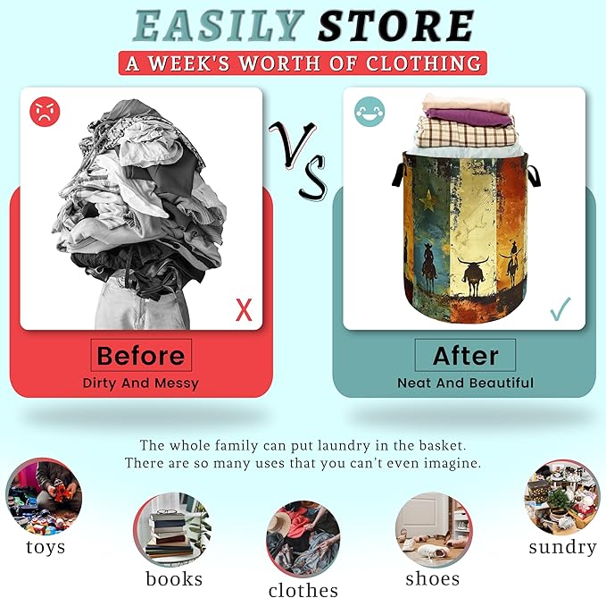 Retro Western Cowboy Laundry Basket Foldable Funny Western Laundry Hamper Oxford Cloth Colorful Tote Bag Clothe Toy Storage Bucket 18.9" x 16.5" For Bathroom/Laundry Storage/Bedroom