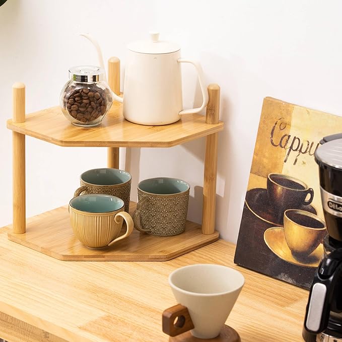 2-Tier Expandable Bamboo Corner Shelf - Dish/Plate Organizer for Cabinet, Kitchen Counter Shelf & Small Kitchen Shelf, Adjustable (1, 6.7" H)