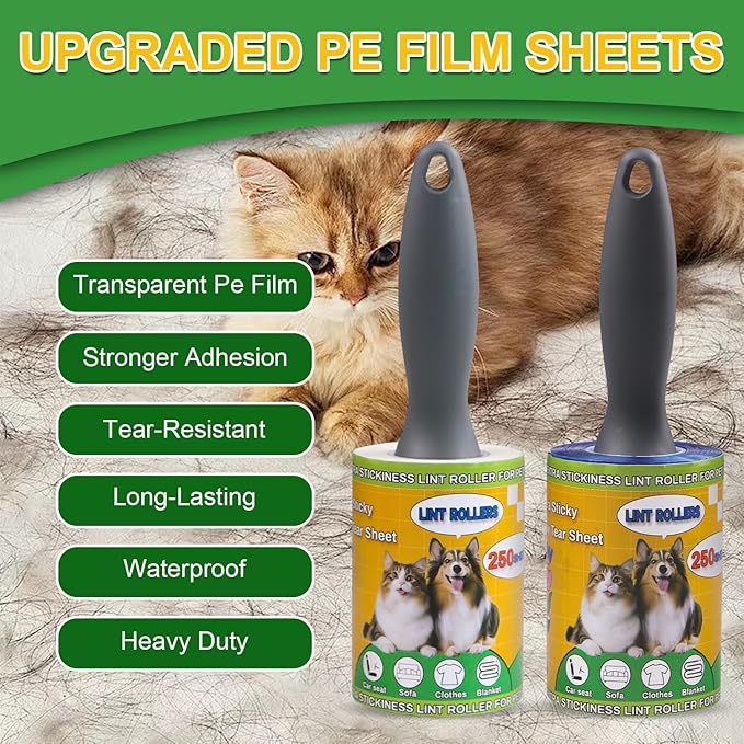 Sunroda Lint Roller Pet Hair Value Pack of 250 Sheets, Extra Sticky Lint Remover for Dog & Cat Fur, Clothes, Furniture, Couches Reusable Lint Remover for Fuzz, Fluff & Hair(White)