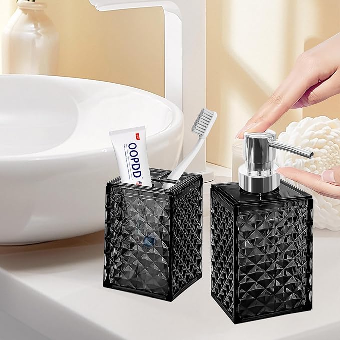 2PCS Black Bathroom Accessories. Contain Soap Dispenser and Toothbrush Holder Set. Boho Bathroom Set for Blue Bathroom Décor