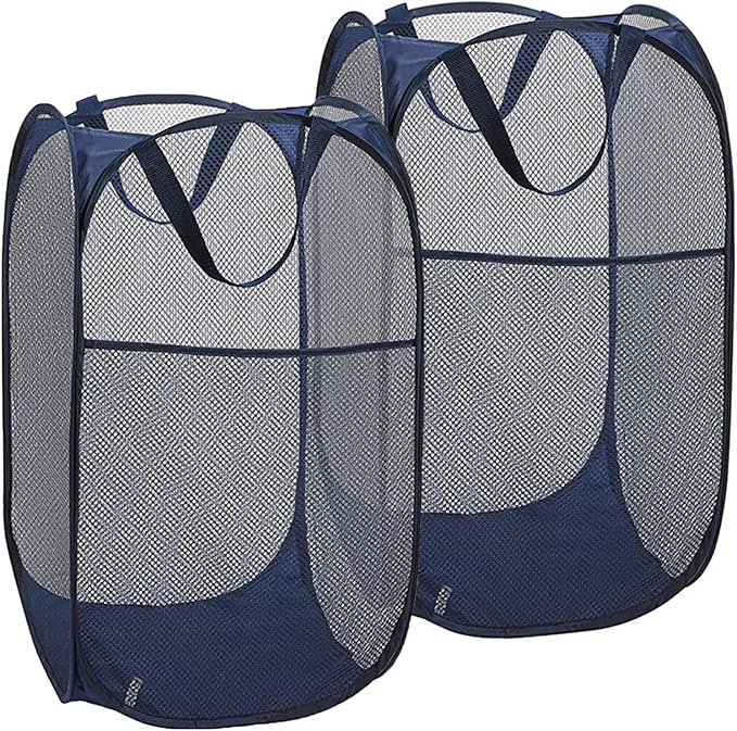 2 Pack Pop Up Laundry Hampers, Collapsible Mesh Laundry Basket, Foldable Clothes Hampers for Bathroom, College Dorm, Travel (Navy Blue)
