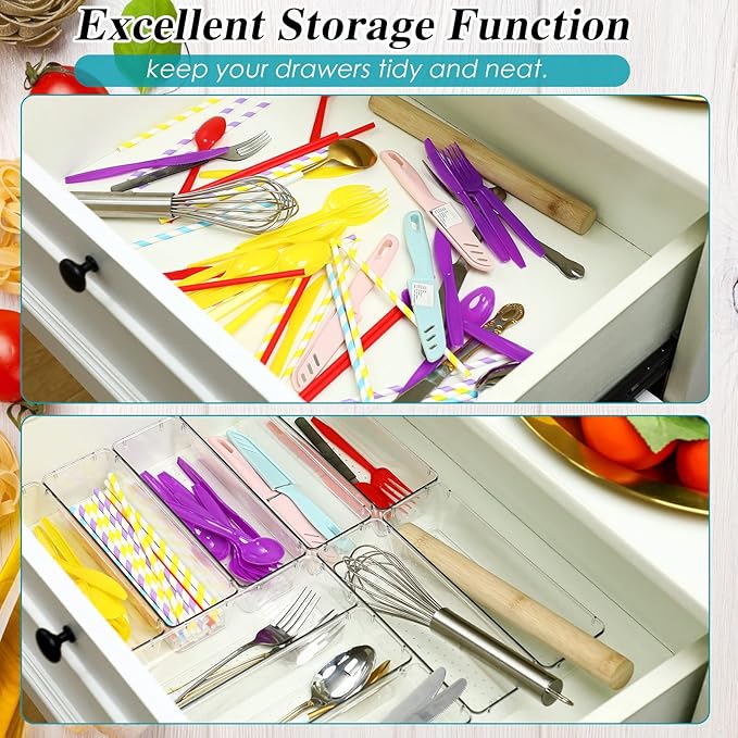 Maitys 12 Pcs Clear Drawer Organizer 9 x 3 x 2 Inches Plastic Rectangle Trays Makeup Vanity Storage Bins and Kitchen Drawers Dividers for Office Desk Silverware Kitchen Utensils(Clear)