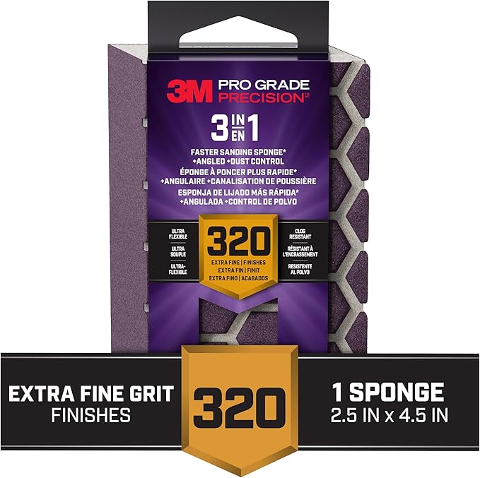 3M DCDA320-PGP-1T Pro Grade Precision 3-in-1 Angled Faster Sanding Sponge, 320-Grit Extra-Fine, 2.5" x 4.5" x 1"