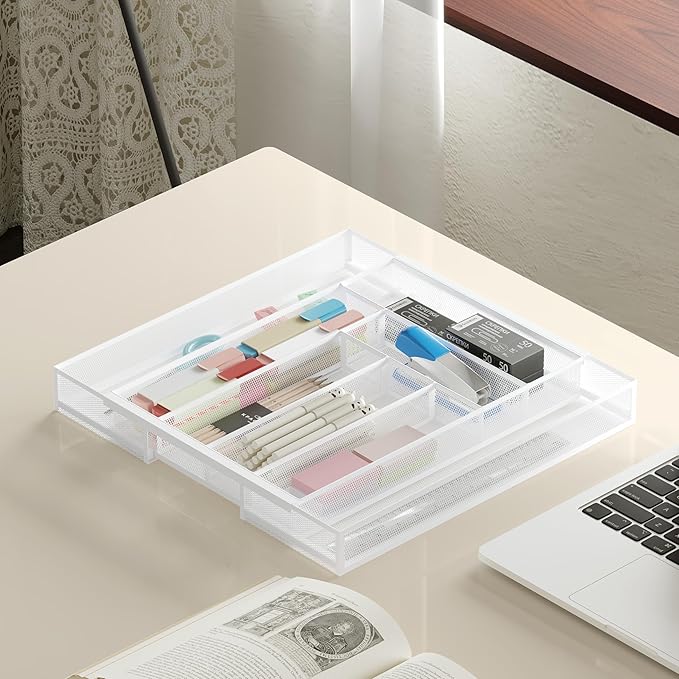 Silverware Organizer Metal Mesh, Large Drawer Organizer, Utensil Cutlery Tray for kitchen drawers, Expandable Flatware Organizer with 8 Compartment White 11.6"~20" x 17.3"