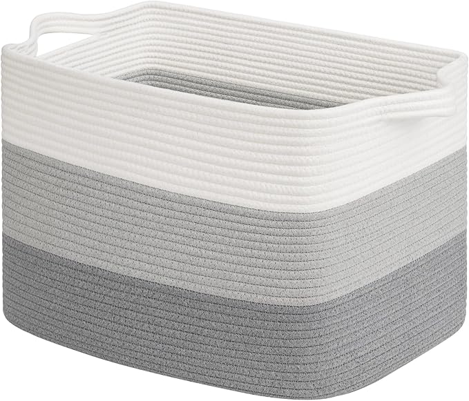 Goodpick Large Woven Basket, Rectangle Rope Storage Baskets for Organizing, Blanket Basket with Handles for Living Room, Nursery, Gradient Gray, 18 x 14 x 12 Inches
