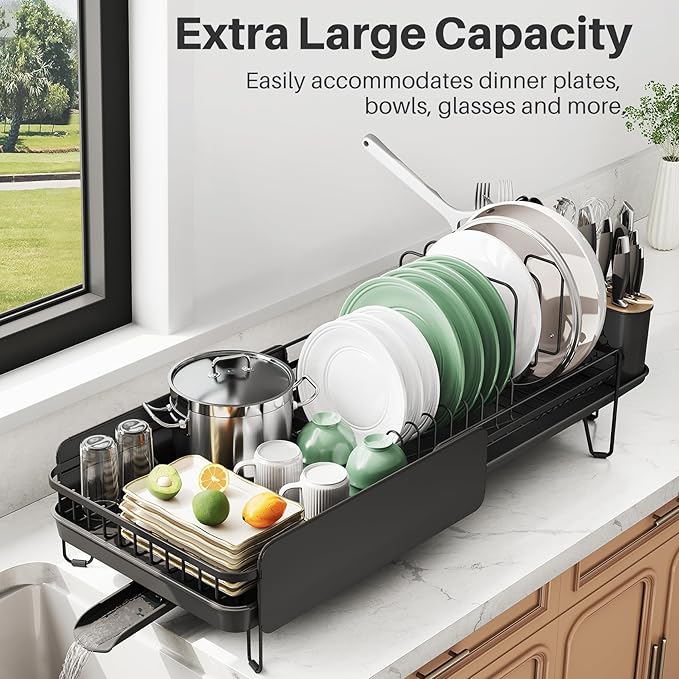 SNTD Large Dish Drying Rack - Expandable (19.3" to 29.4") Dish Rack for Kitchen Counter, Stainless Steel Dish Drainer with Utensil Holder, Pan Holder & Pot Lid Holder, Black