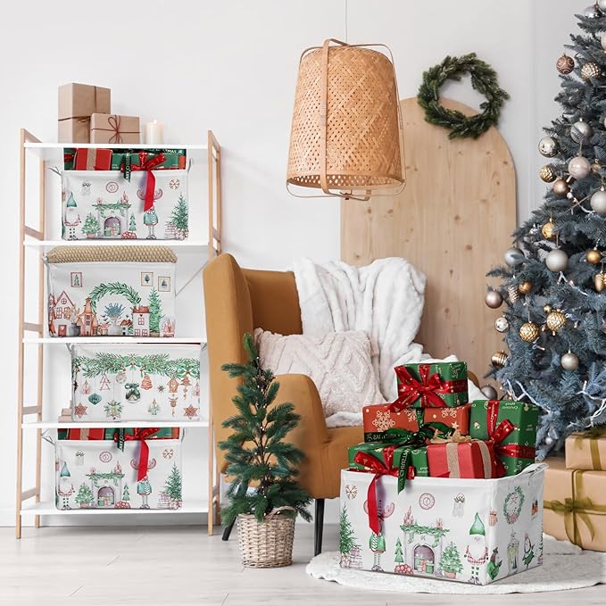 4 Pack Christmas Storage Bin Collapsible Large Christmas Storage Baskets for Gifts Xmas Tree Canvas Laundry Basket Foldable Box with Handle for Office Home Bedroom Clothes Toys Holiday Decor