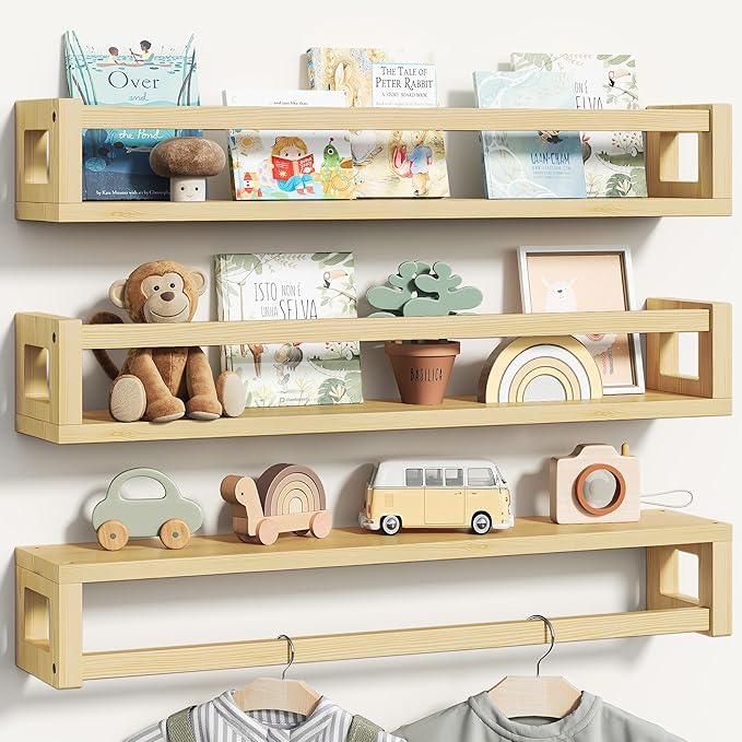 Upgraded Thick Floating Shelves - 24 Inch Multi-Use Wall-Mounted Bookshelves for Kids and Nursery, Ideal for Books, Toys, Spice Rack, Decor - Natural Wood