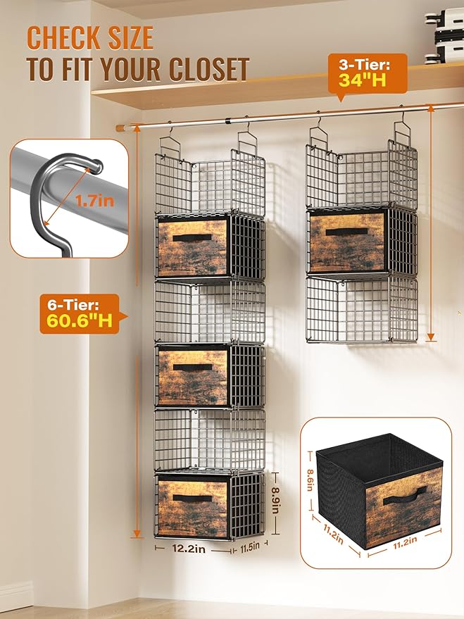Closet Hanging Organizer with Drawers, 6 Tier Metal Closet Organizers and Storage with 4 Hanging Hooks 4 S-Hooks for Wardrobe Laundry Room, Wire Storage Shelf for Clothes Sweaters Pants (Black)