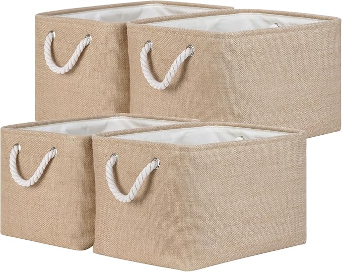 Temary Fabric Storage Cubes Bins Basket 4 Pack for Organizing Home, Shelves, Closet, Empty Gift Baskets with Rope Handles for Gift Empty (15 * 11 * 9.5"-Linen Yellow)
