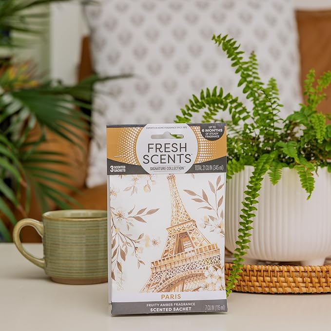 Fresh Scents Scented Sachets | Paris | Home Fragrance | Long Lasting (Up to 6 Months) | Air Freshener for Closets, Drawers, & Cars | 6 Pack