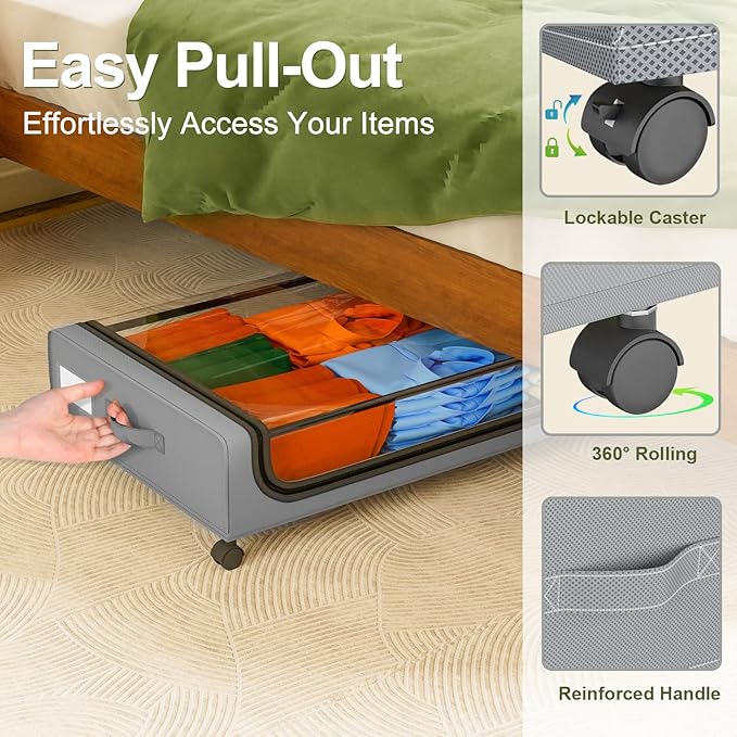 GoMaihe Under Bed Storage with Wheels: 70L Underbed Storage Containers with Lids - Rolling Bins for Shoes Clothes in Dorm Bedroom - Metal Drawers Easy Pull-out Grey 2-Pack