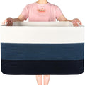 MINTWOOD Design 22in Extra Large Blanket Basket Holder Living Room, Rectangle Rope Woven Storage Basket with Handles for Laundry, Pool Towels, and Shoes, Dog Toy Organizer Bin Box, 3-Tone Blue