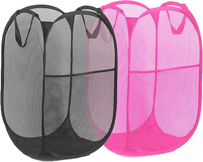 Pop Up Laundry Hamper Pack of 2 Mesh Collapsible Laudry Baskets with Side Pocket and Handles, Easy to Carry for Cruise, Home, Dorms, Laundry Room (Black+Rose red)