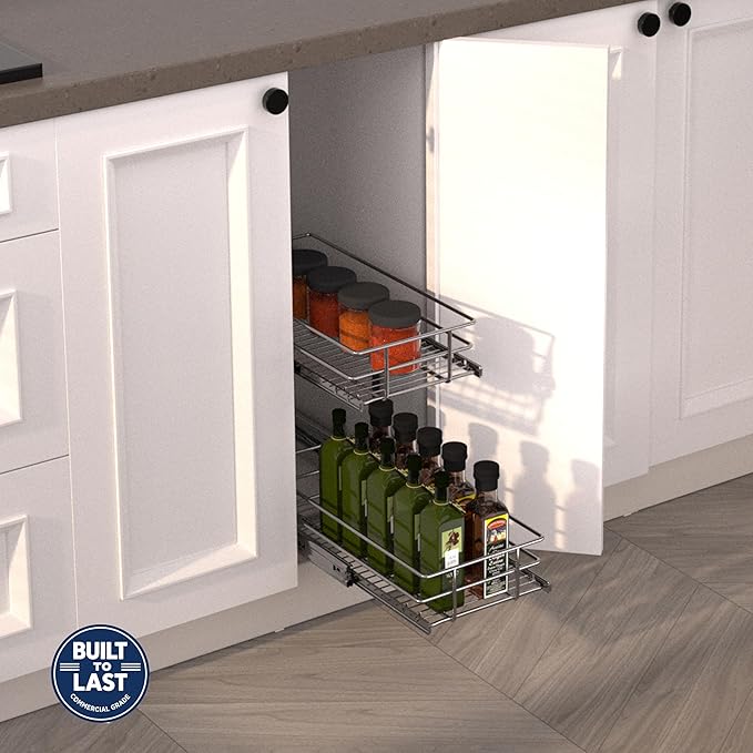 JOWBOOW (8" W x 22" D 2-Tier Narrow Cabinet Pull Out Shelves | Heavy Duty Slide Out Shelves for Kitchen Cabinets, 22 Inch Deep Under Cabinet Organizer, Chrome