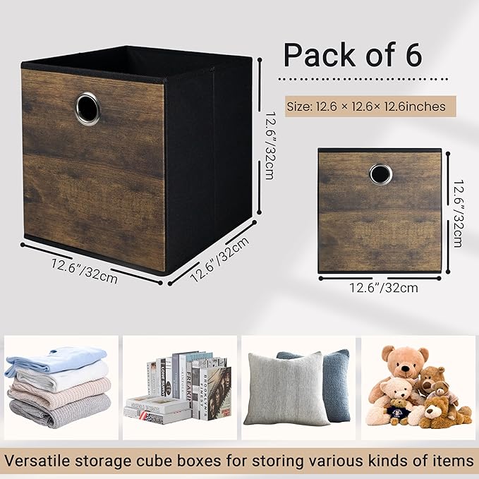 6-Pack Durable Storage Cube Bin with Decorative Wood Grain,Thickened Fabric Box,Storage Basket for Shelf,Closet,Storeroom,Bedroom,Living Room,Nursery,Office,Dorm,RV,13x13x13in,Brown with Black(Large)