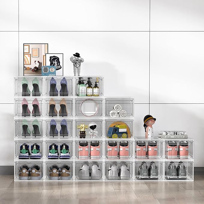 JWQ 10 Pack Extra XX Large Hard Plastic Clear Stackable Shoe Storage Box Organizer for Closet, Thicken Sturdy Sneaker Shoe Rack Display Case Containers Bins with Lids and Magnetic Door, Clear