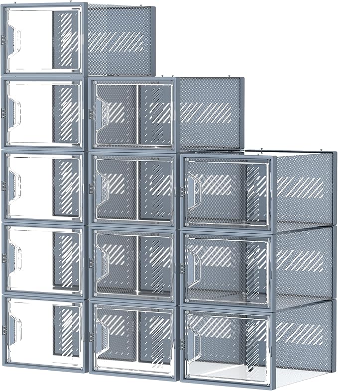 Shoe Storage, 12 Pack X-Large Shoe Organizer for Closet, Shoe Boxes Clear Plastic Stackable Shoe Storage Boxes for Size 13