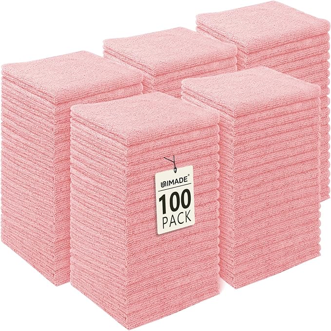 Washcloths Bulk - 100 Pack - Face Towels (12" x 12"), Highly Soft Wash Cloths and Hand Towels, Fast Drying Multi-Purpose Microfiber Cleansing Cloths for Bathroom, Hotel, Spa, and Salon - Pink