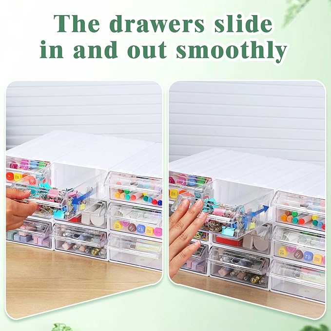 9 Pcs Stacking Office Drawer Organizers - Desktop & Wall Mounted 9 Drawer Storage Closet with 18pcs Clear Dividers Multifunctional Organizer Rack with 9pcs Tag Card for Home Small Items