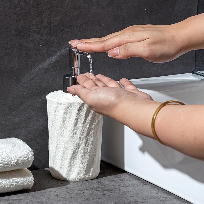 Soap Dispensers 340mL 11.5 OZ, 2 PCS Luxurious Hand Dish Lotion Shampoo Soap Dispenser Jar, Natural Stone Look Soap Pump Bottles for Kitchen Bathroom Countertop (White)